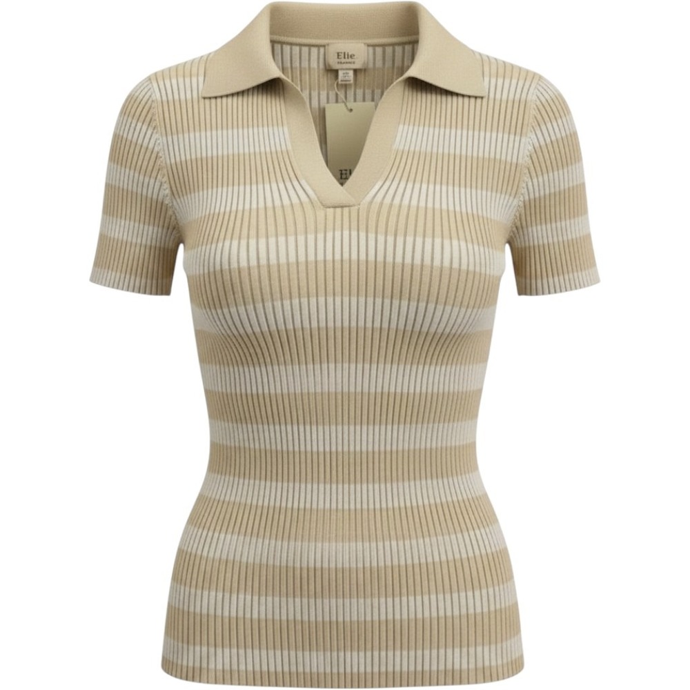 Elie Tahari Rib Sweater Notch Collar V-Neck Short Sleeve Striped Sand Women's  M